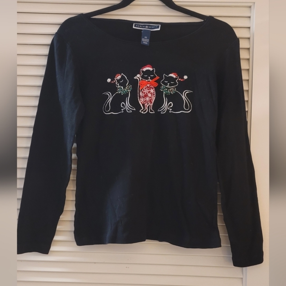 Karen Scott- 100% Cotton Cat Christmas Holiday Top With Jewel Detail